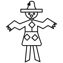Charming line art illustration of a scarecrow with patchwork clothes isolated on white background