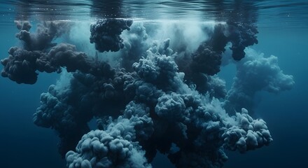 Abstract underwater explosion of dark clouds with white highlights and water particles. Dark blue water environment. Dramatic and conceptual