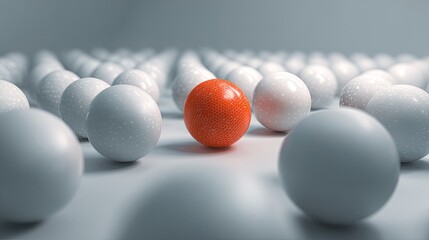 Red sphere amidst many white spheres