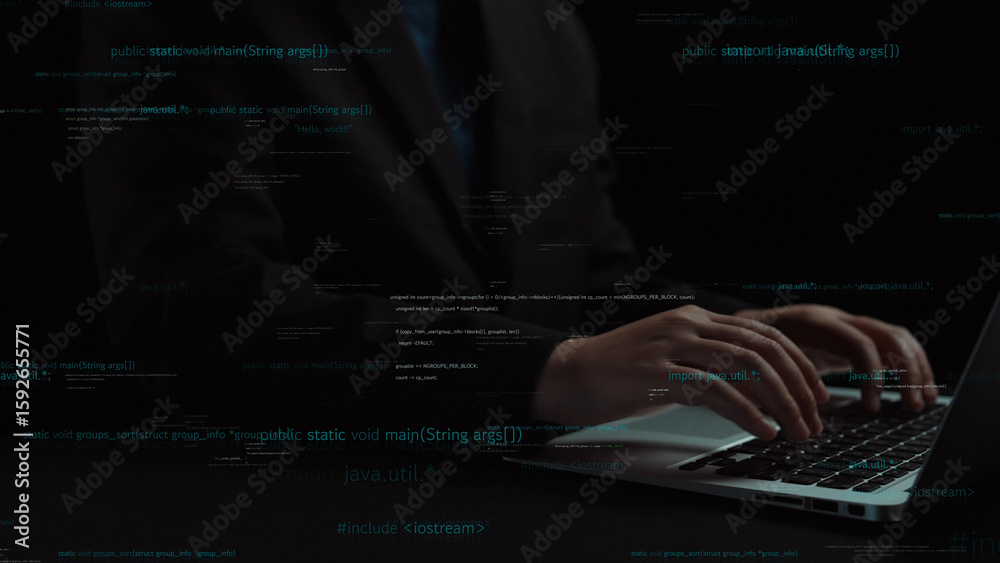 Poster a professional programmer is focused on typing code on a laptop in a dark environment, showcasing th