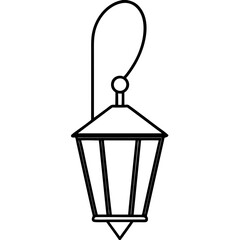 Simple line art drawing of a vintage garden lantern hanging from a hook isolated on white background