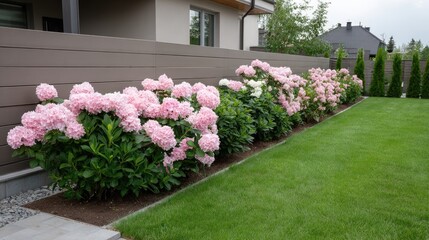 Fototapeta premium Beautiful flower garden at sunset with gazebo, hydrangeas, and relaxed seating for family and friends to enjoy on a summer evening