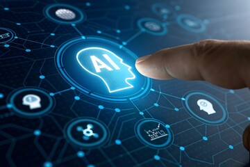 Finger presses glowing ai icon on futuristic digital network interface