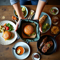 Top-Down View of Food Delivery Rider with Gourmet Meal Spread on Rustic Wooden Table