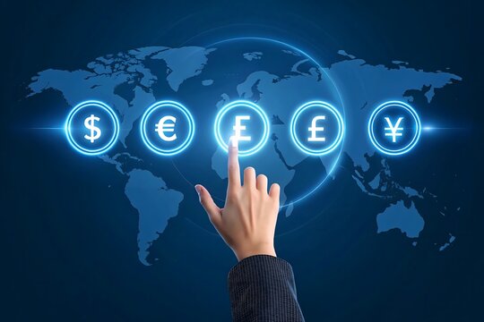 Hand touching glowing currency symbols on a digital world map background