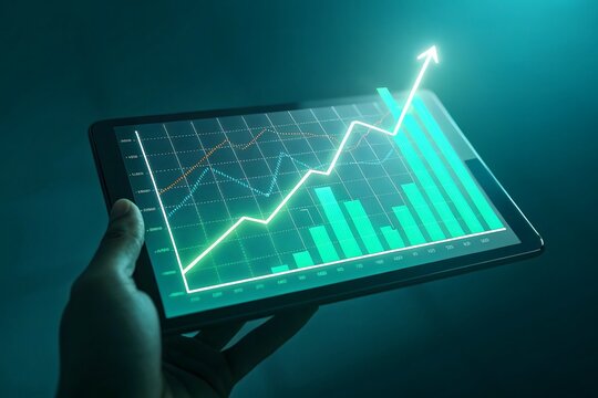 Hand holding tablet displaying a glowing upward trend financial graph and bar chart