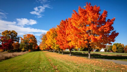 Autumnal row of vibrant maple trees lining a grassy path under a vibrant blue sky