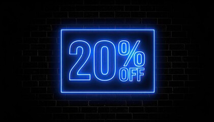 Neon blue 20% off sign on dark brick wall