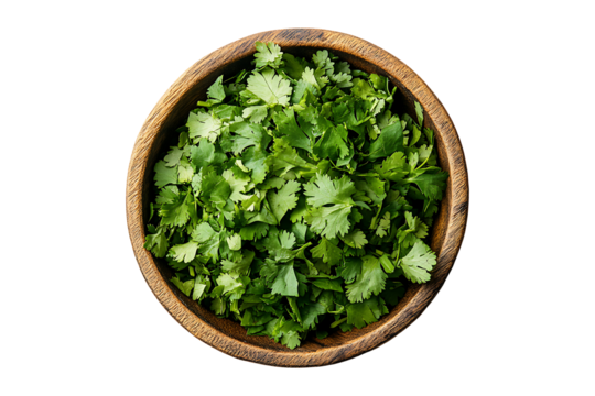 Top view of cilantro vegetable in a wooden bowl high quality realistic image