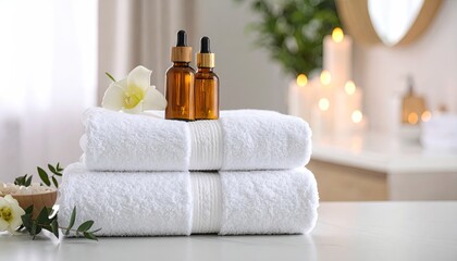 Spa towels with essential oils and flowers