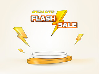 Flash Sale podium display. Composition design with 3D thunder bolt. Sale banner template.