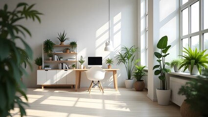 Daylight office workspace, bright and white, modern furniture with indoor plants.