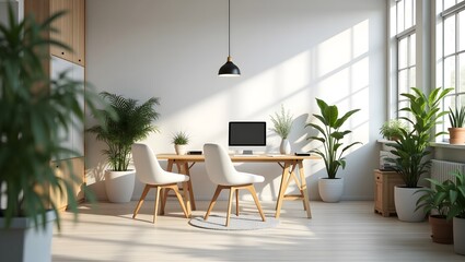 Daylight office workspace, bright and white, modern furniture with indoor plants.