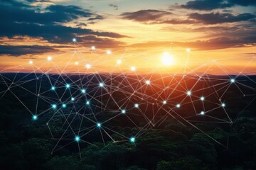 Global network connection technology concept over nature, Image depicting global network technology intertwined with nature
