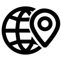 Black vector icon of globe symbolizing the Internet. Next to it is geolocation point
