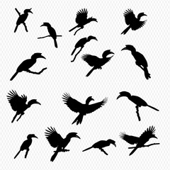 A collection of black silhouette illustrations depicting various hornbill birds in different poses, including standing, flying, and perched positions. © Adji
