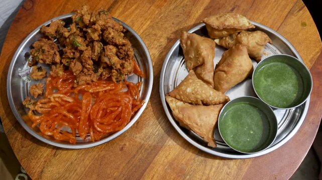 indian traditional snacks samosa, pakode, and jalebi with green chutney at indoor