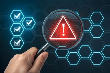 Magnifying glass examining a digital warning symbol on a futuristic honeycomb background