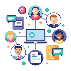 A vector illustration depicting online communication connections and digital networking among diverse individuals.