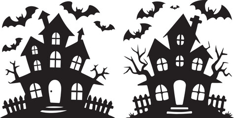 Spooky Halloween Silhouette Houses with Bats
