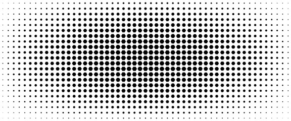 Hexagon halftone gradient texture. Abstract black grunge background. Geometric retro halftone tech overlay. Fading wavy hexagonal pattern backdrop. Vector vanishing honeycomb grunge bitmap wallpaper