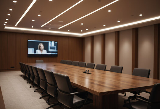 modern minimalist conference room with long wooden table and chairs