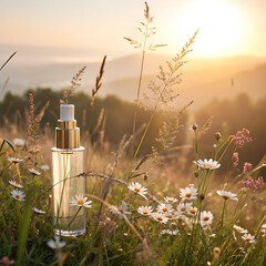 A glass perfume bottle nestled amongst daisies at sunrise evokes feelings of purity and dawn s fresh
