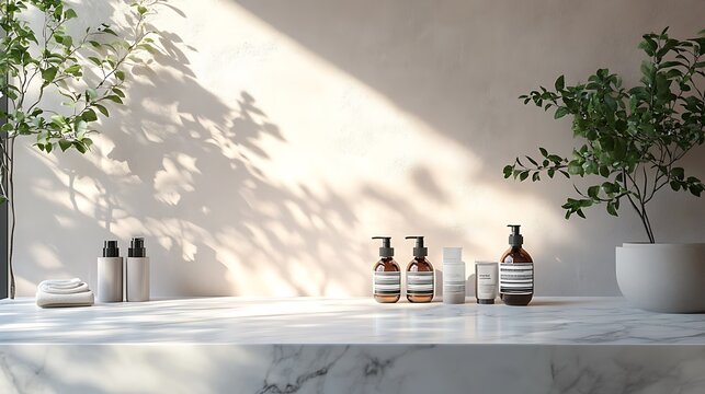 Sunlit bathroom shelf with aesop products and lush green plants casting dappled shadows