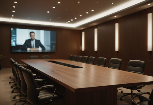modern minimalist conference room with long wooden table and chairs - Powered by Adobe