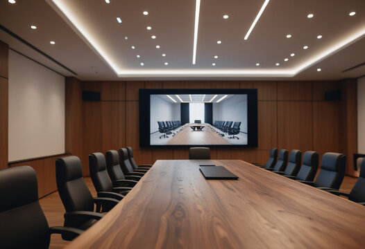 modern minimalist conference room with long wooden table and chairs - Powered by Adobe