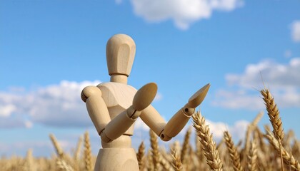Wooden mannequin in a wheat field under a partly cloudy sky