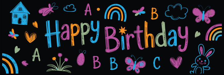 Celebrate birthdays with this vibrant and joyful artwork featuring whimsical doodles and playful designs on a black background