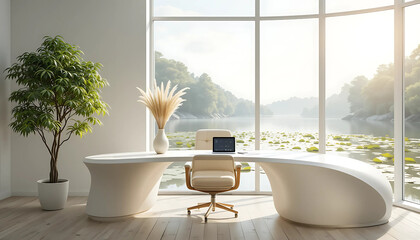 Modern interior view of a stylish bathroom and kitchen with sleek furniture large windows and bright natural light