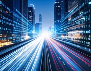 Obraz premium Futuristic Urban Highway at Night with Digital Connections and Long Exposure Traffic