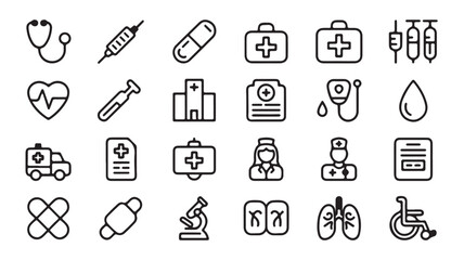 Healthcare and Medical Icon Set | Flat Line Art Medical Design Elements

