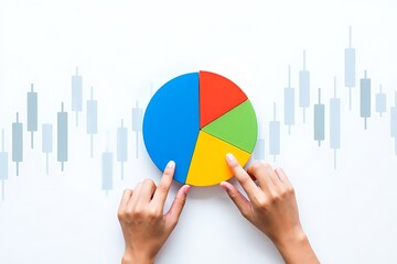 Hands touching a colorful pie chart on white table