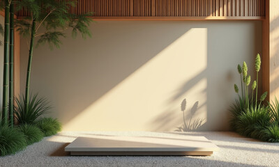 Zen Garden Morning  Stone Platform & Bamboo Shadows in Soft Light