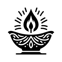 Ornate Black and White Diya Oil Lamp Icon: Spiritual, Festive, and Symbolic Design Element for Diwali, Yoga, or Meditation.