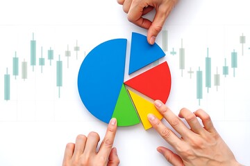 Hands arranging colorful pie chart with stock graph