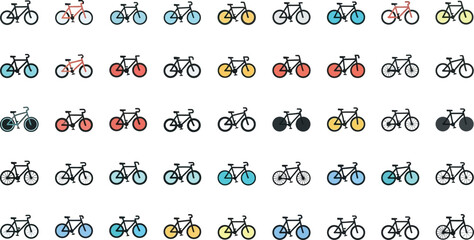 Pattern of bicycle icons in various colors arranged in rows on a white background in a seamless design