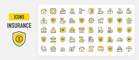 Insurance vector icons. Safe Box, Secure, Family, Education, Theft, Fire, Medical Report, Bank, Accident, Money, Car Accident, Factory, Dog, Fracture, Elder, Mobile vector stroke illustration.	
