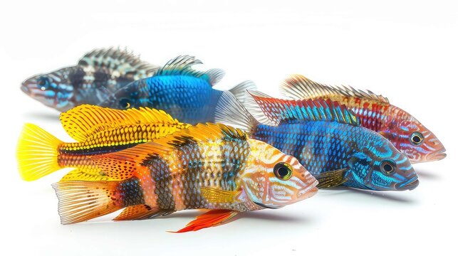 Assorted Lake Malawi and Lake Victoria cichlids on a white isolated background, including peacock, compressiceps, livingstoni, mbuna, and nyererei species 