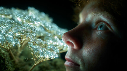 Boy looking at glowing golden insect robot macro view