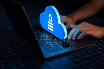 Cloud icon above laptop with hands on the keyboard