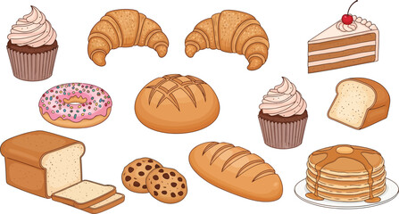 Illustration featuring an assortment of baked goods including bread croissants and cupcakes etcetera