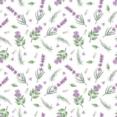 Minimalist seamless watercollor pattern with lavender, oregano, and rosemary on a white background. Clean and fresh herbal design ideal for natural packaging, cosmetics, or textiles.