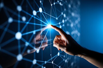 Hand touching a glowing connection network point