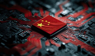 Close-up of circuit board with Chinese flag on a chip