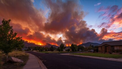 Fototapeta premium Wildfire sunset over neighborhood