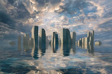 A flooded city skyline under dramatic clouds